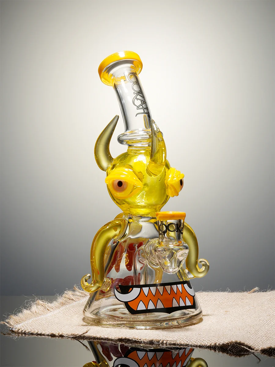 Lookah 10" Four-Eyed Big-Bellied Monster Perc Beaker glass bong, Color: Yellow, 3 image