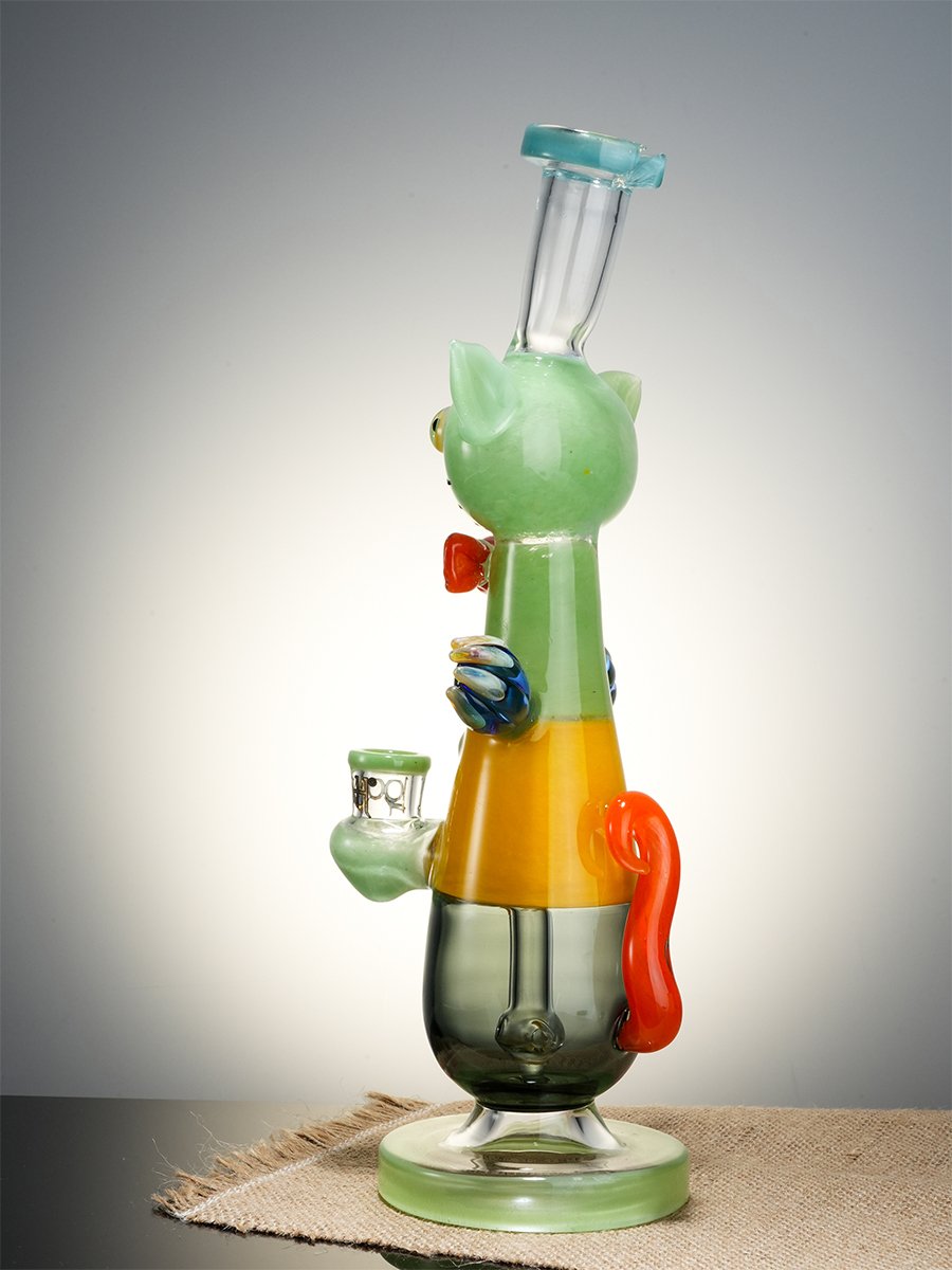 Green  Cute Cat Gentleman Glass Water Pipe5