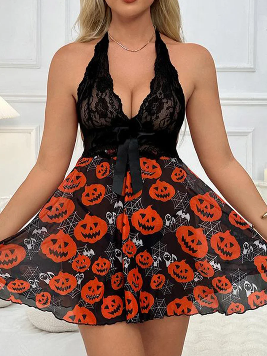 Mesh Splicing Halter Neck Dress Sexy Lingerie