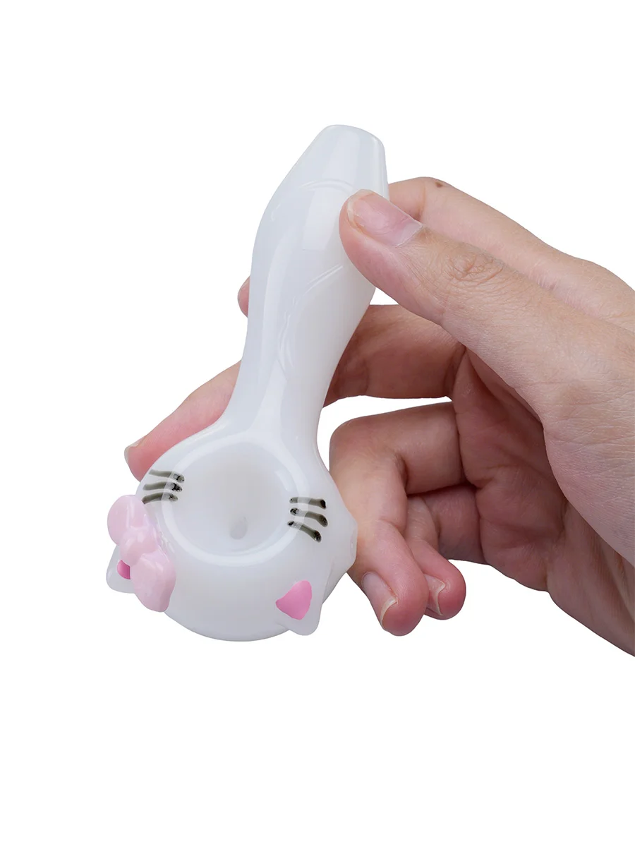 Girly Cute White Hello Kitty Cat Glass Spoon Pipe with Pink Bow, 3 image Girly Cute White Hello Kitty Cat Glass Spoon Pipe with Pink Bow, 3 image