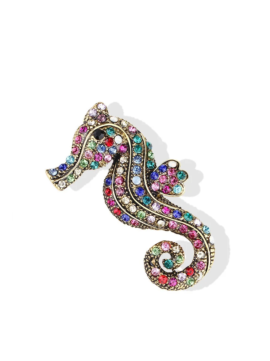 Sparkly Gold-tone Colorful Rhinestone Seahorse Brooch Pin