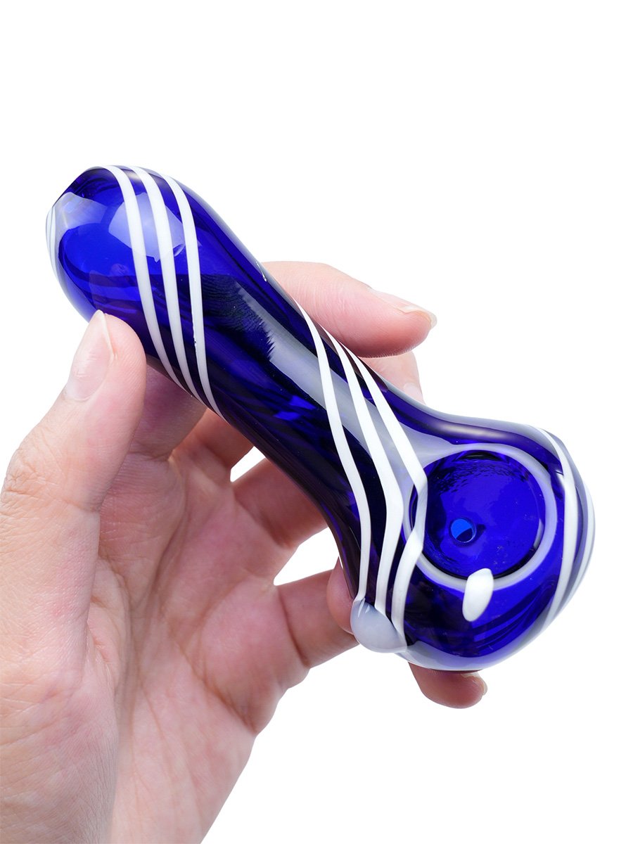 Blue Glass Spoon Pipe with White Jade stripes