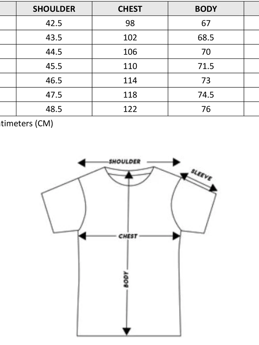 T-Shirt Size Chart CM