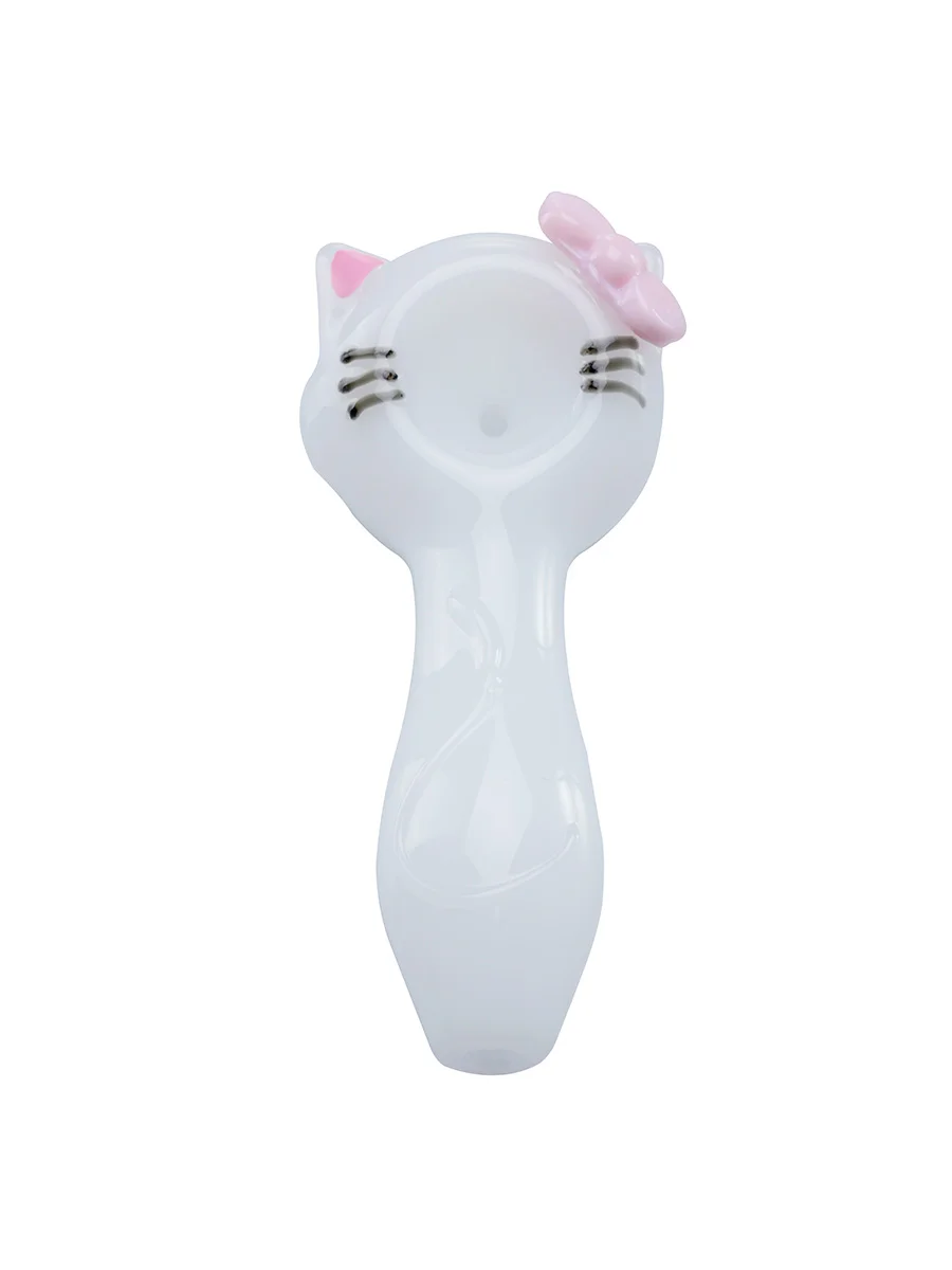 Girly Cute White Hello Kitty Cat Glass Spoon Pipe with Pink Bow Girly Cute White Hello Kitty Cat Glass Spoon Pipe with Pink Bow