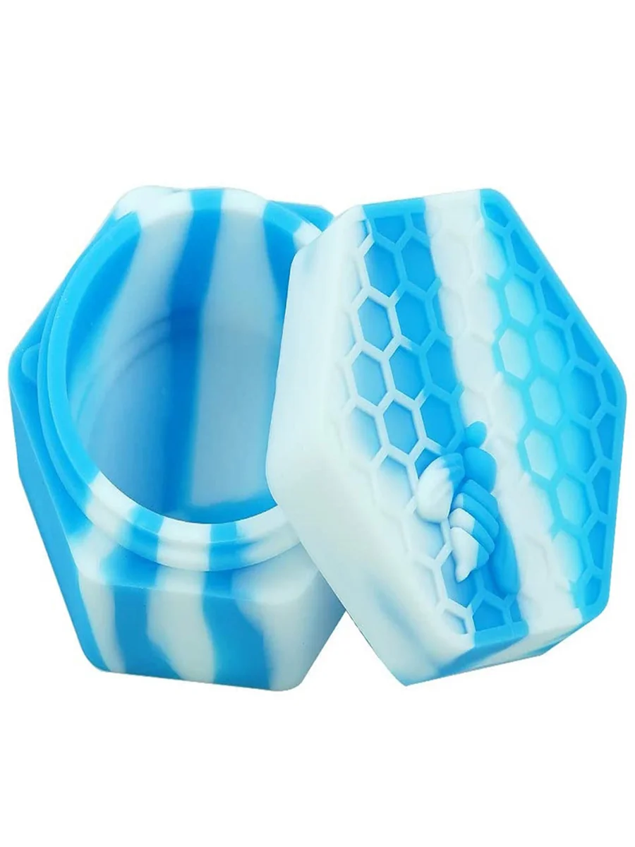 Blue-White Hexagonal Silicone Box with Stainless Steel Dab Tool