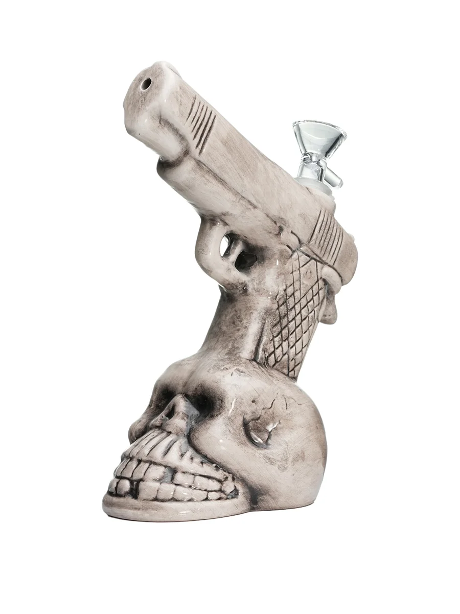 Skull Face Ceramic Pistol-Style Bubbler Water Pipe 2