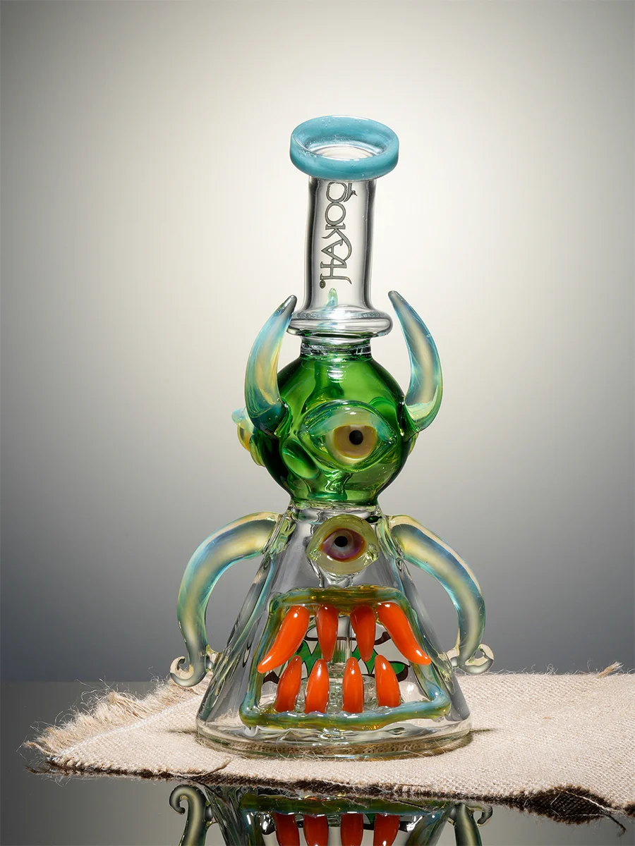 Lookah 10" Four-Eyed Big-Bellied Monster Perc Beaker glass bong, Color: Yellow, 7 image