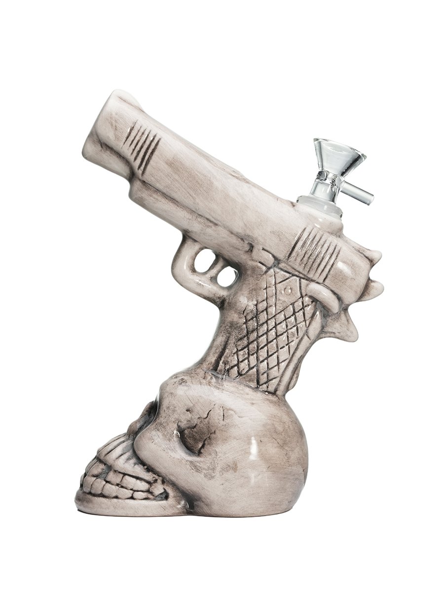 Skull Face Ceramic Pistol-Style Bubbler Water Pipe 4