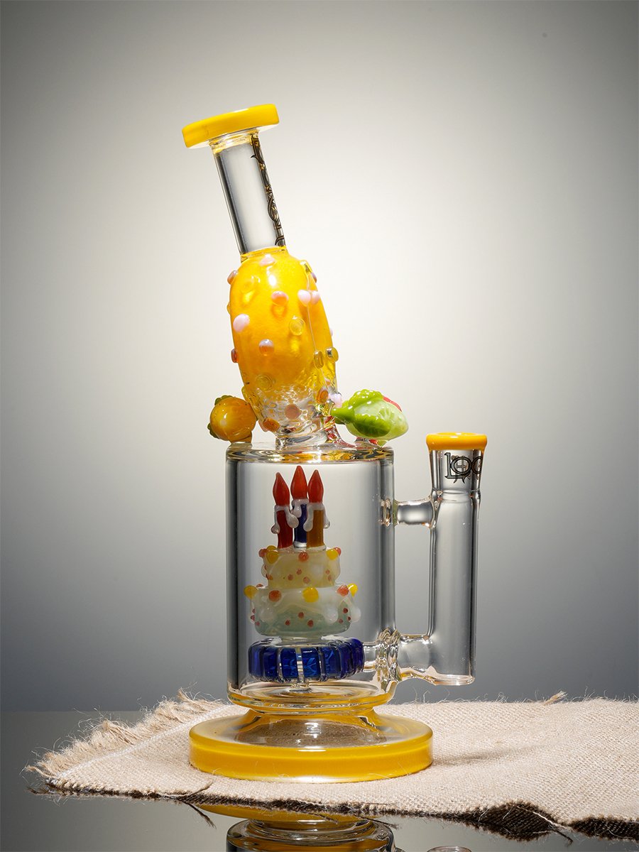 11.5" Lookah Cute Birthday Cake Perc Glass Bong yellow Front