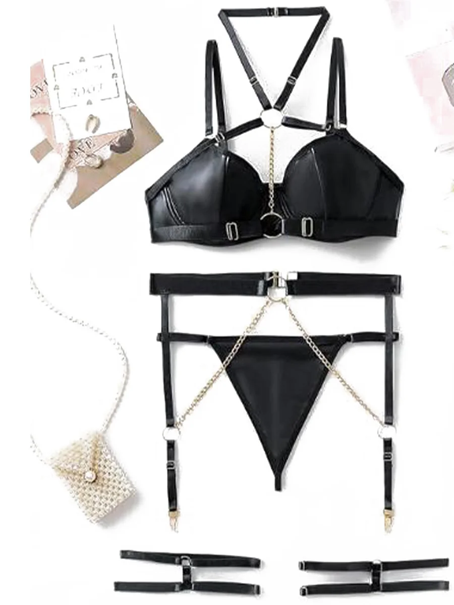 Heavy Chain Detail Sexy Three-Piece Set, Color: Black, Size: S, 3 image Heavy Chain Detail Sexy Three-Piece Set, Color: Black, Size: S, 3 image