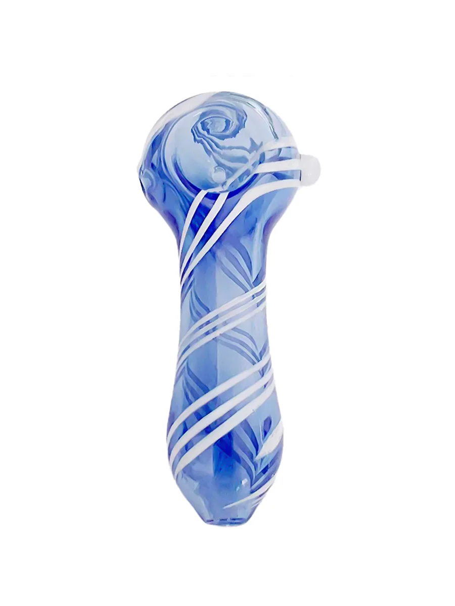 Patterned Colored Glass Spoon Pipe with White Stripes, 4 image Patterned Colored Glass Spoon Pipe with White Stripes, 4 image