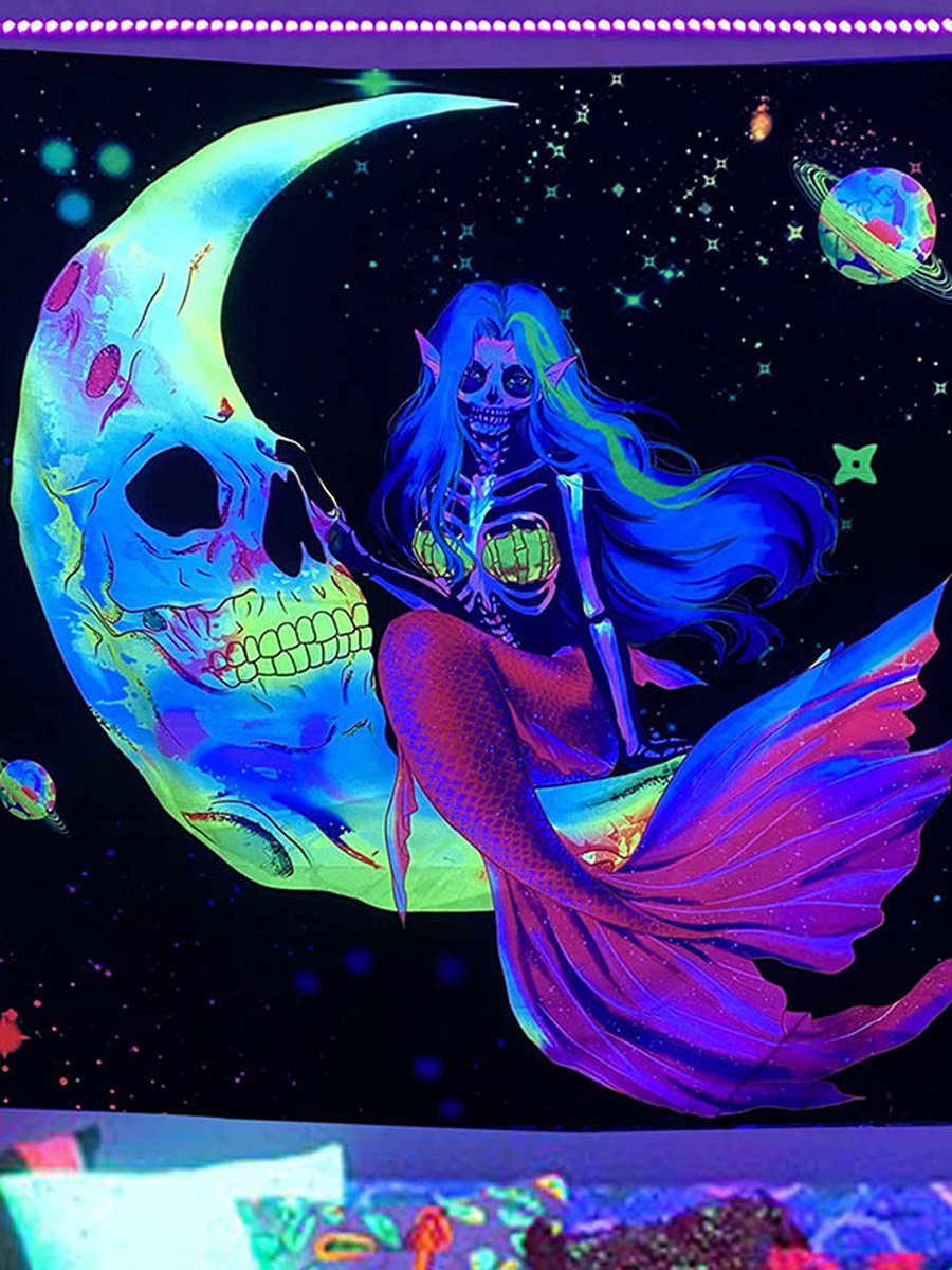 Moon Mermaid Fluorescent Tapestry, Size: 37.40x28.74inch, 4 image Moon Mermaid Fluorescent Tapestry, Size: 37.40x28.74inch, 4 image
