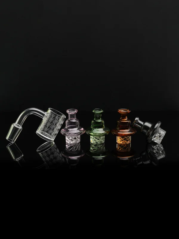 14 MM Bamboo Seal Engraving Quartz Flat Top Banger with Spinner Carb Cap and 3 Terp Pearls, Color: Green