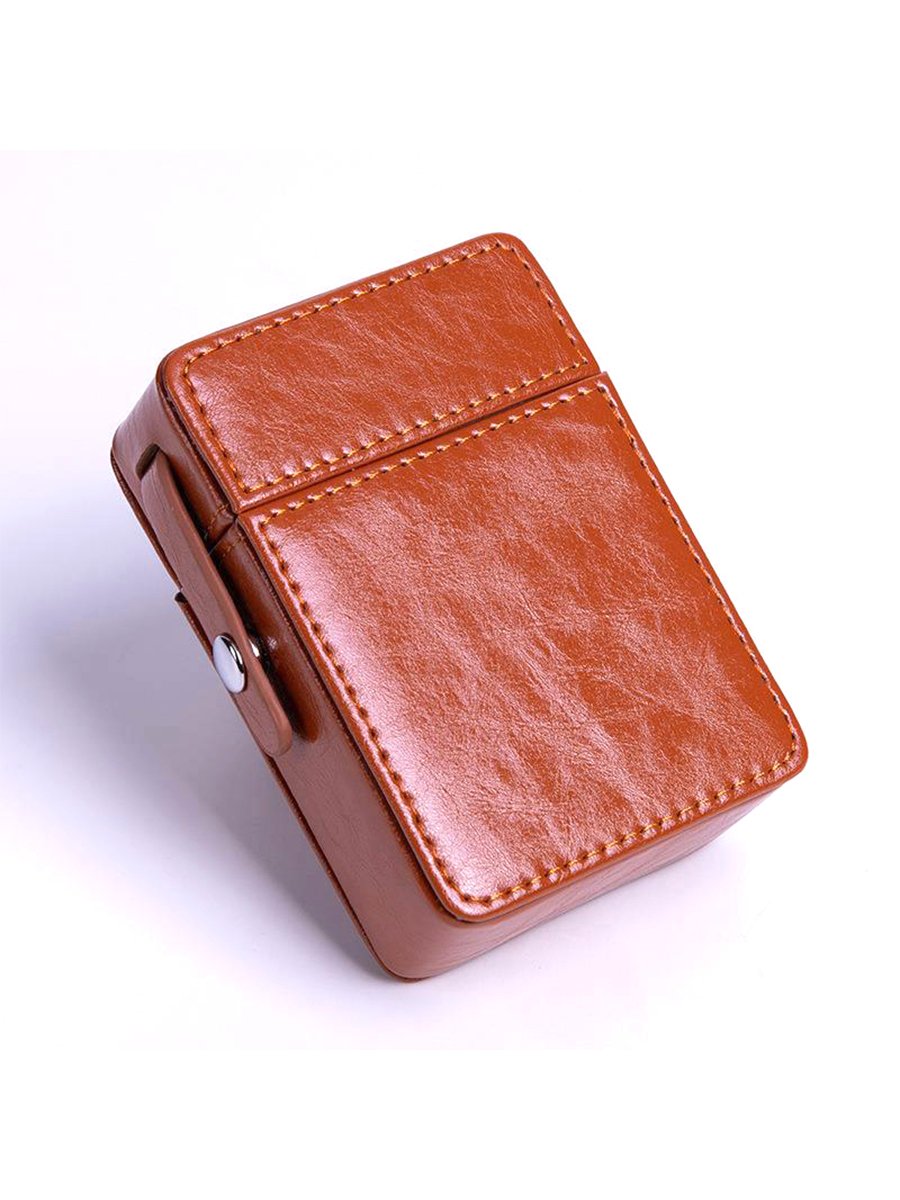 Brown PU Leather Cigarette Case with Lighter Holder