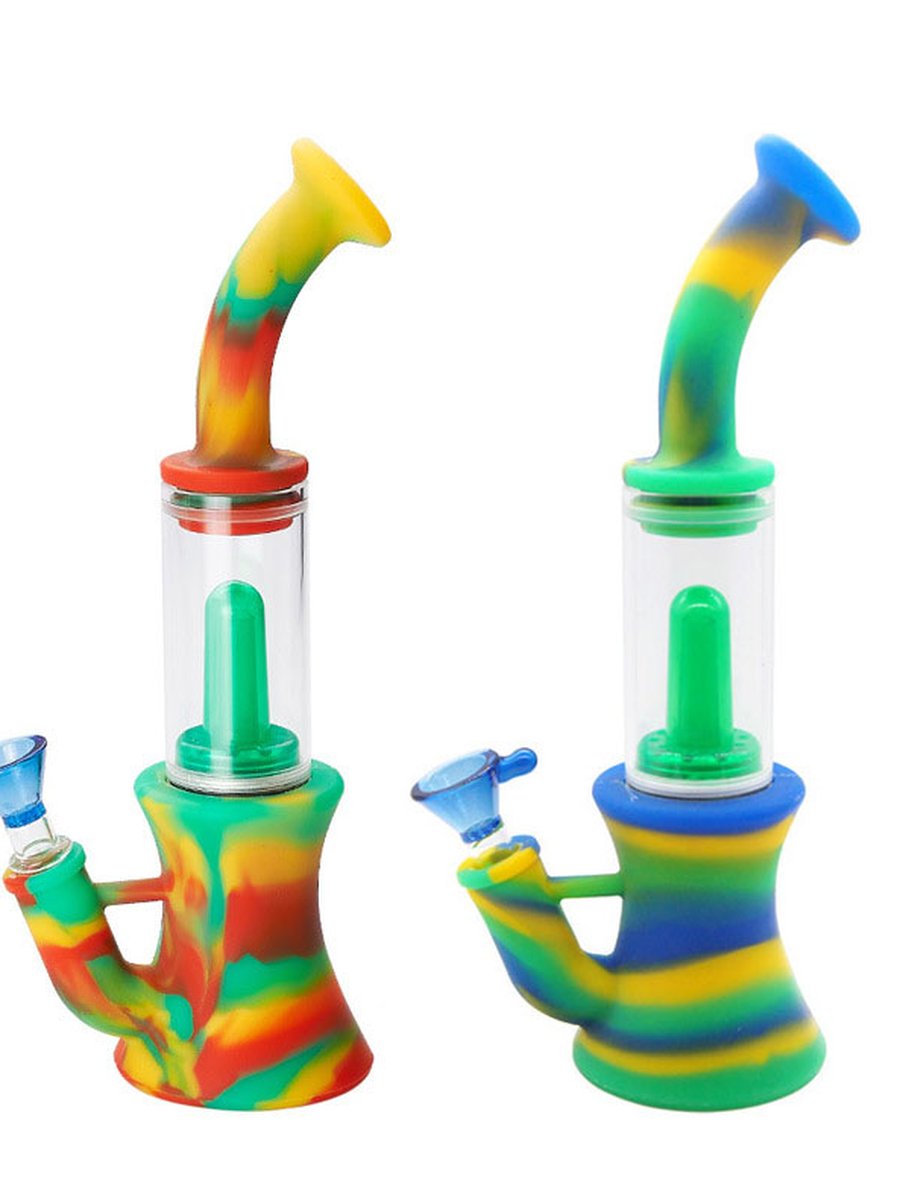 Silicone Smoking Pipe with Glass Bow, Color: Yellow-Green-Blue, 4 image Silicone Smoking Pipe with Glass Bow, Color: Yellow-Green-Blue, 4 image