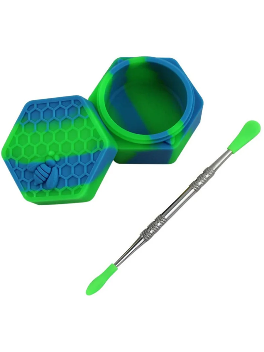 Blue-Green Hexagonal Silicone Box with Stainless Steel Dab Tool