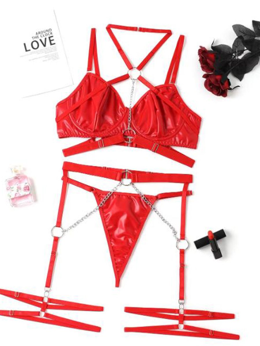 Heavy Chain Detail Sexy Three-Piece Set, Color: Black, Size: S Heavy Chain Detail Sexy Three-Piece Set, Color: Black, Size: S