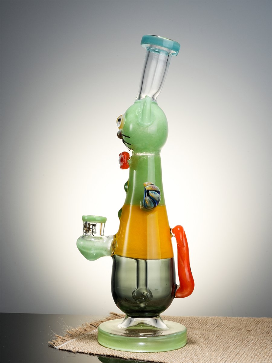 Green  Cute Cat Gentleman Glass Water Pipe6