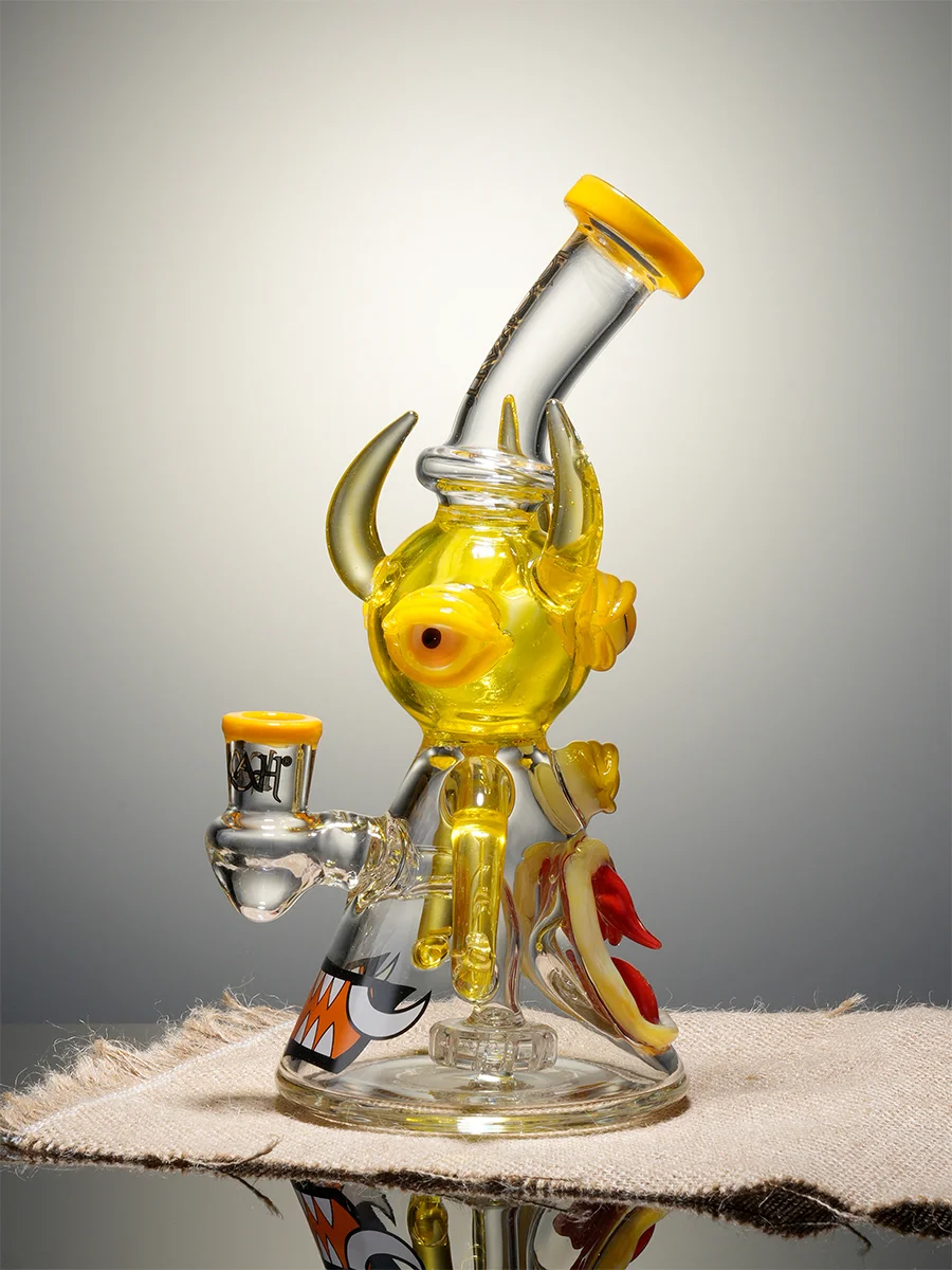 Lookah 10" Four-Eyed Big-Bellied Monster Perc Beaker glass bong, Color: Yellow, 5 image