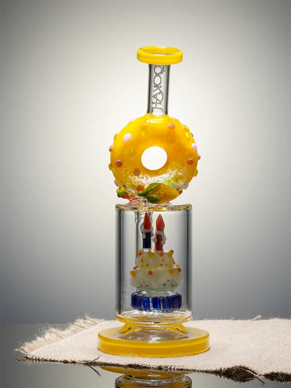 11.5" Lookah Cute Birthday Cake Perc Glass Bong yellow Side 11.5" Lookah Cute Birthday Cake Perc Glass Bong yellow Side