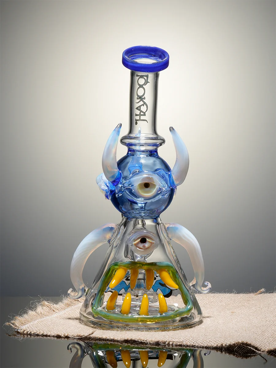Lookah 10" Four-Eyed Big-Bellied Monster Perc Beaker glass bong, Color: Yellow, 9 image