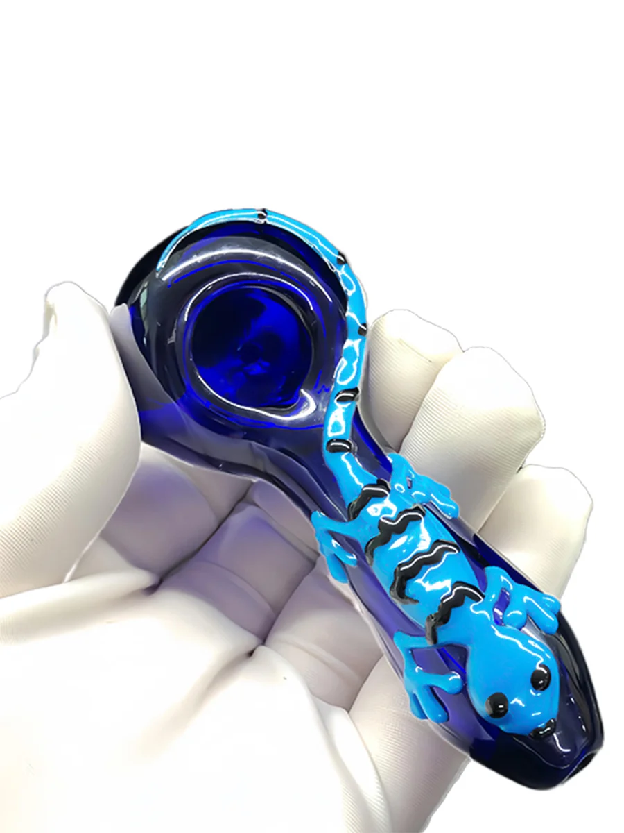 Hand Painted Lizard Smoking Glass Spoon Pipe, Color: Blue, 4 image