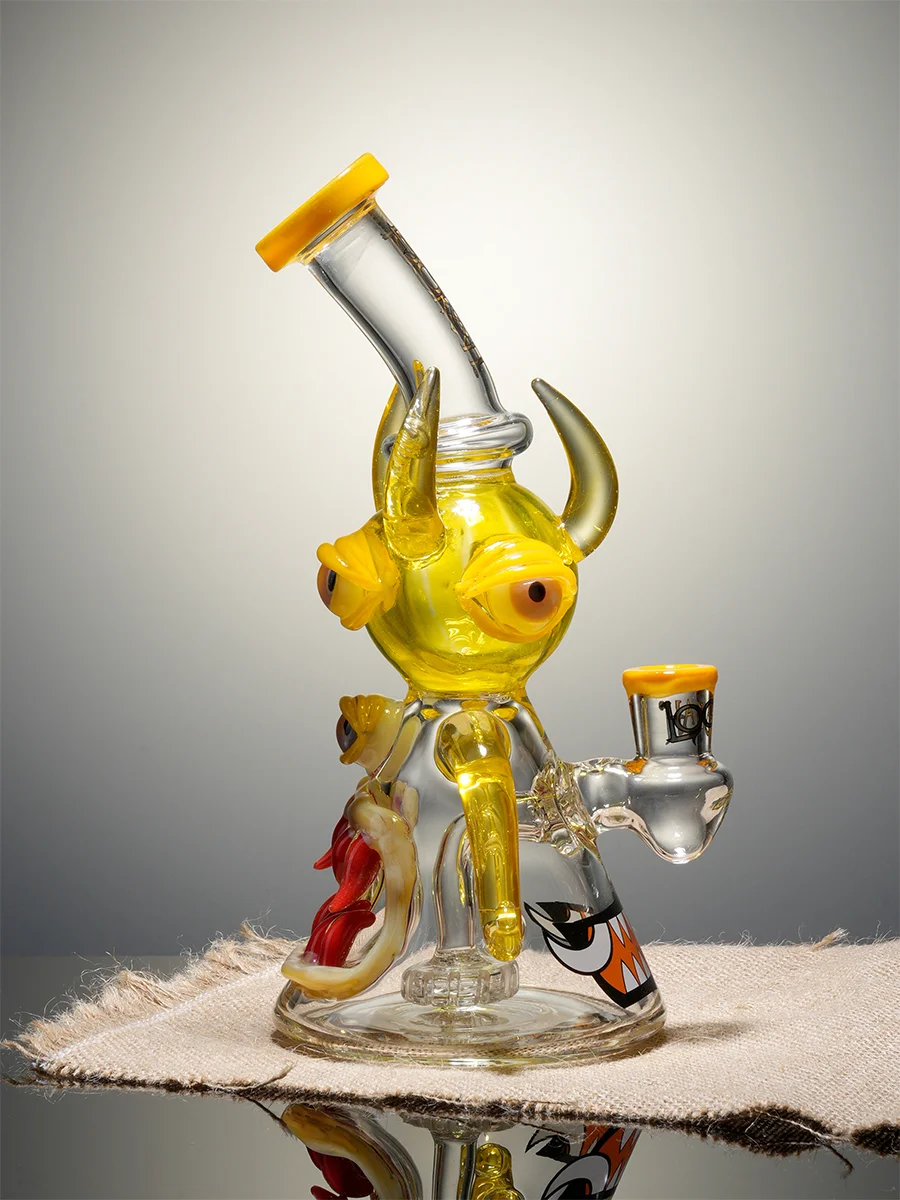 Lookah 10" Four-Eyed Big-Bellied Monster Perc Beaker glass bong, Color: Yellow, 4 image