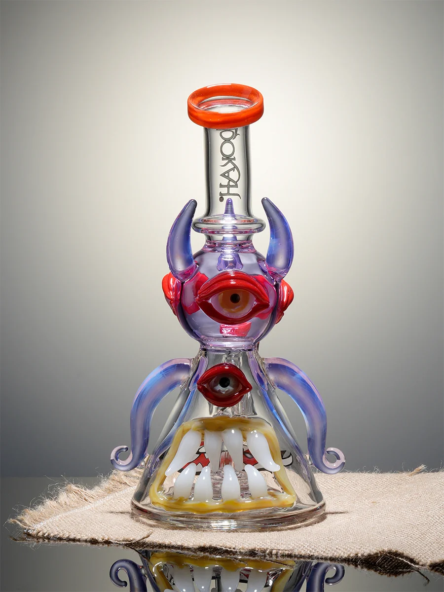 Lookah 10" Four-Eyed Big-Bellied Monster Perc Beaker glass bong, Color: Yellow, 8 image