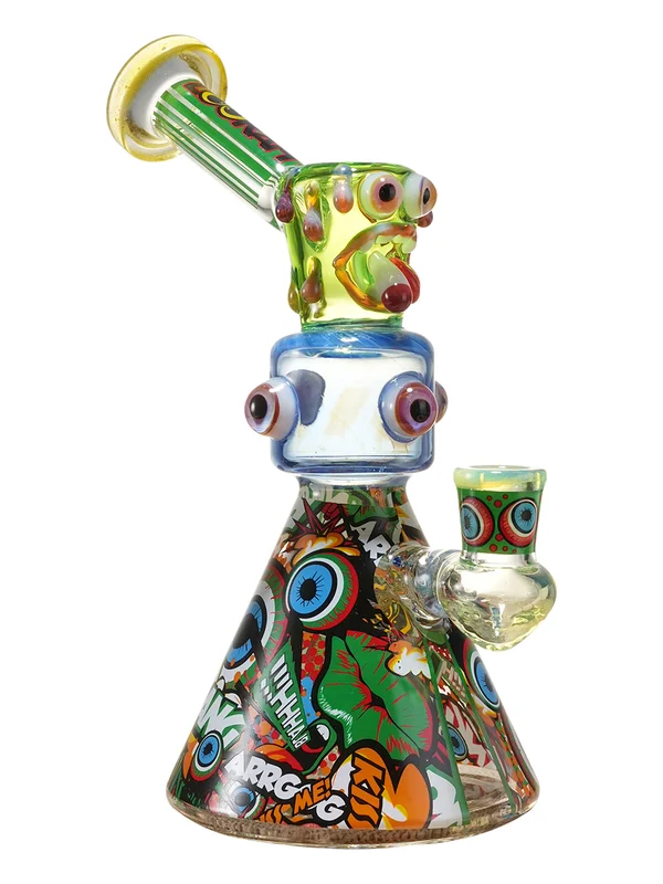 9.5-inch Blue Evil Eye Glass Beaker Bong, Color: Fluorescent Green, 2 image 9.5-inch Blue Evil Eye Glass Beaker Bong, Color: Fluorescent Green, 2 image