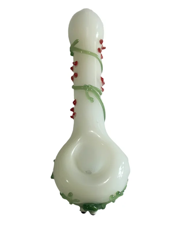 White Glass Pipe With Vines And Frog