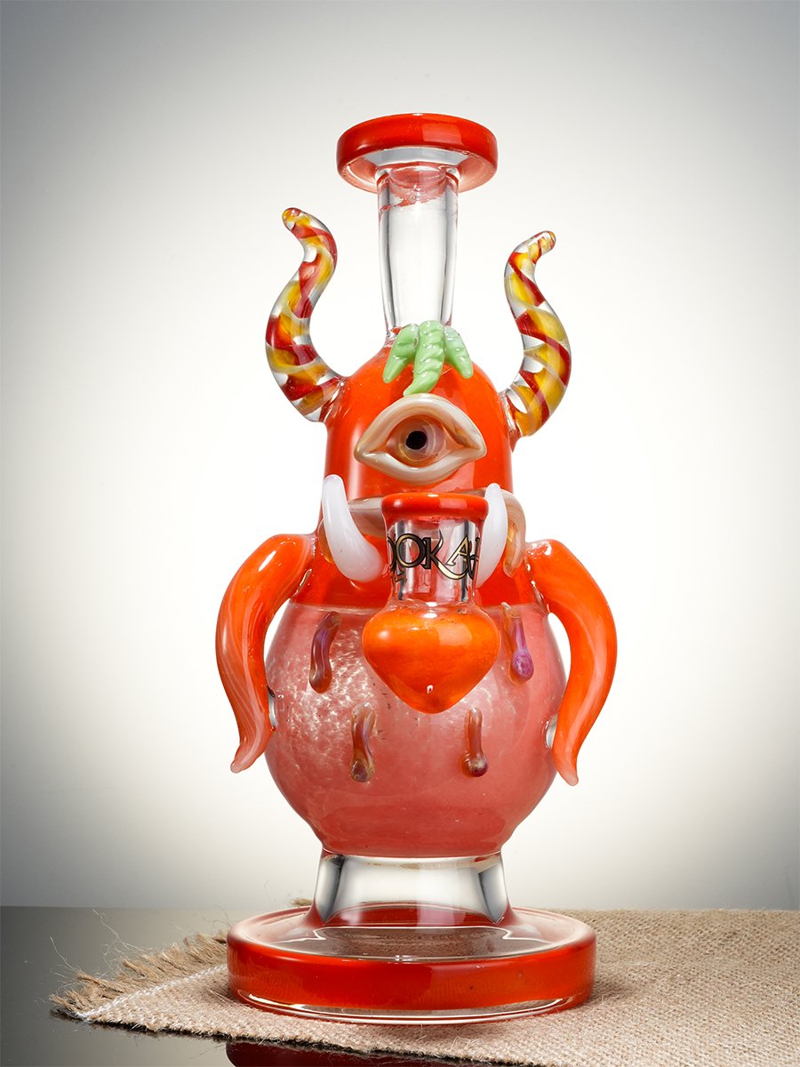 Lookah Bong 8" Mini One-Eyed Big-Bellied Monster Glass Water Pipe - Red, Colors: Orange, 2 image Lookah Bong 8" Mini One-Eyed Big-Bellied Monster Glass Water Pipe - Red, Colors: Orange, 2 image