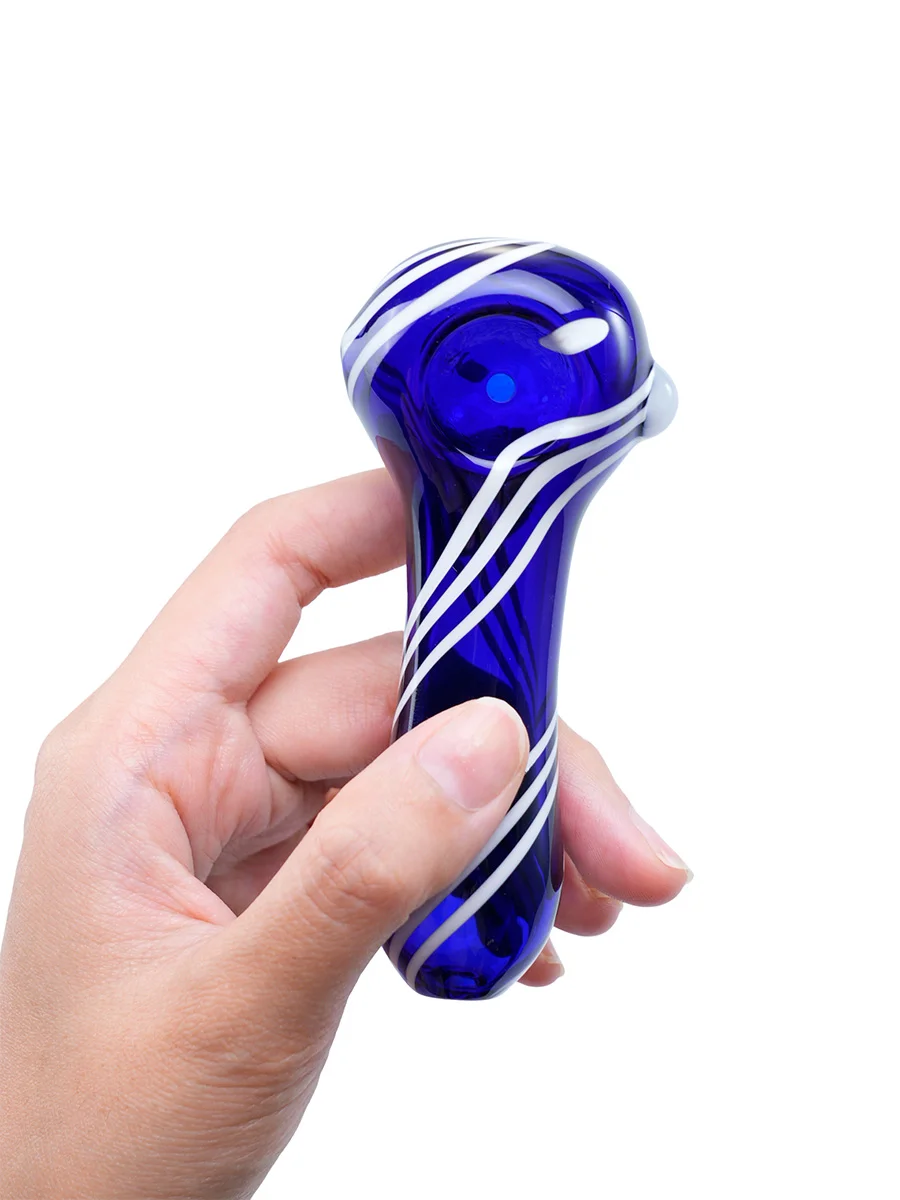 Blue Glass Spoon Pipe with White Jade stripes