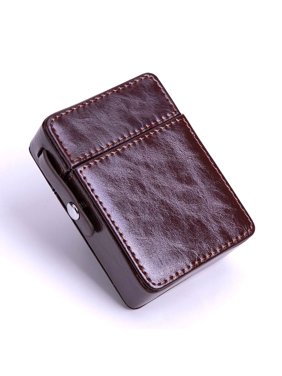 Coffee PU Leather Cigarette Case with Lighter Holder