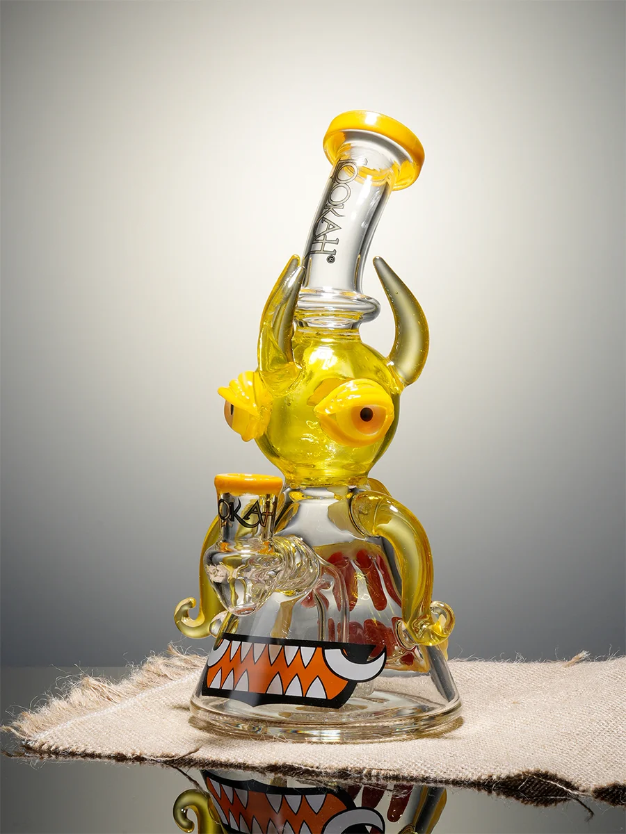 Lookah 10" Four-Eyed Big-Bellied Monster Perc Beaker glass bong, Color: Yellow, 6 image