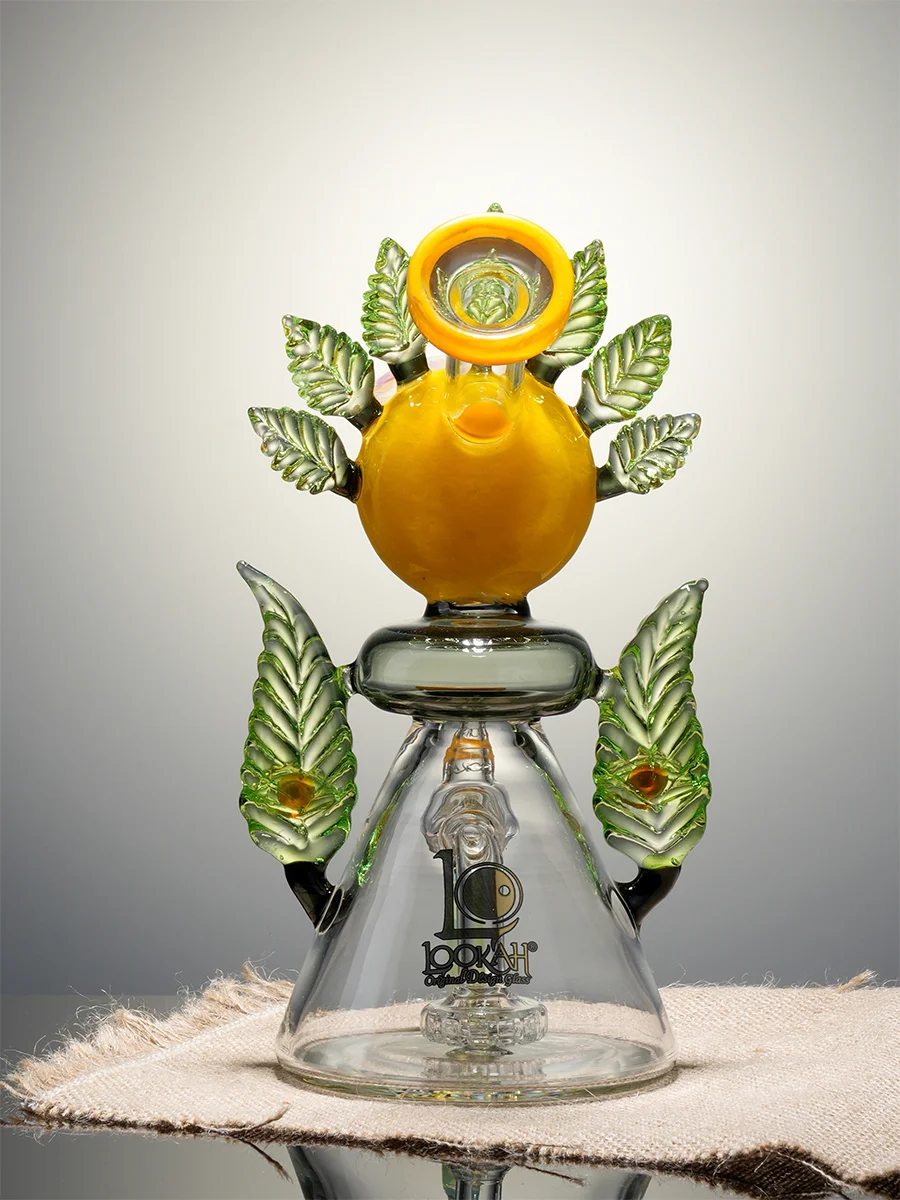 Lookah 9.5" Three-eyed hemp leaf Beaker Glass Bong Green Back