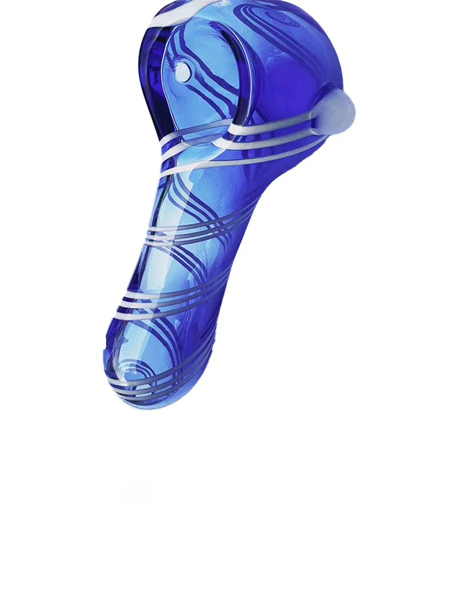 Blue Glass Spoon Pipe with White Jade stripes, 2 image Blue Glass Spoon Pipe with White Jade stripes, 2 image