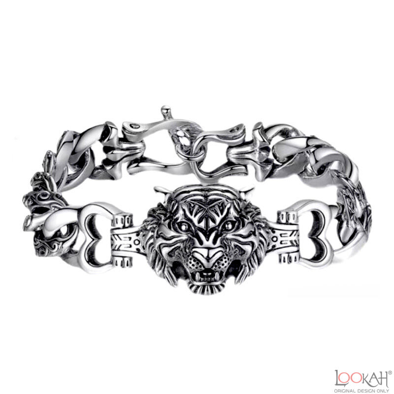 Sterling Silver Tiger Head on Leather Bracelet by Paxton Jewelry